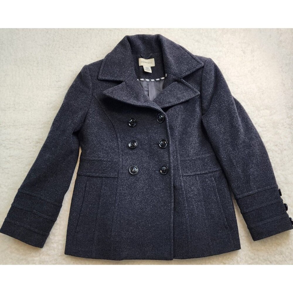 St Johns Bay Peacoat Petite Small Gray Charcoal Double Breasted Collar Wool